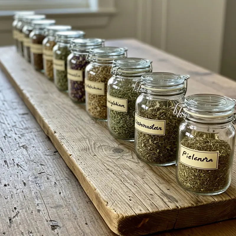 Hands trimming fresh herb stems beside small labelled glass jars on a wooden bench
